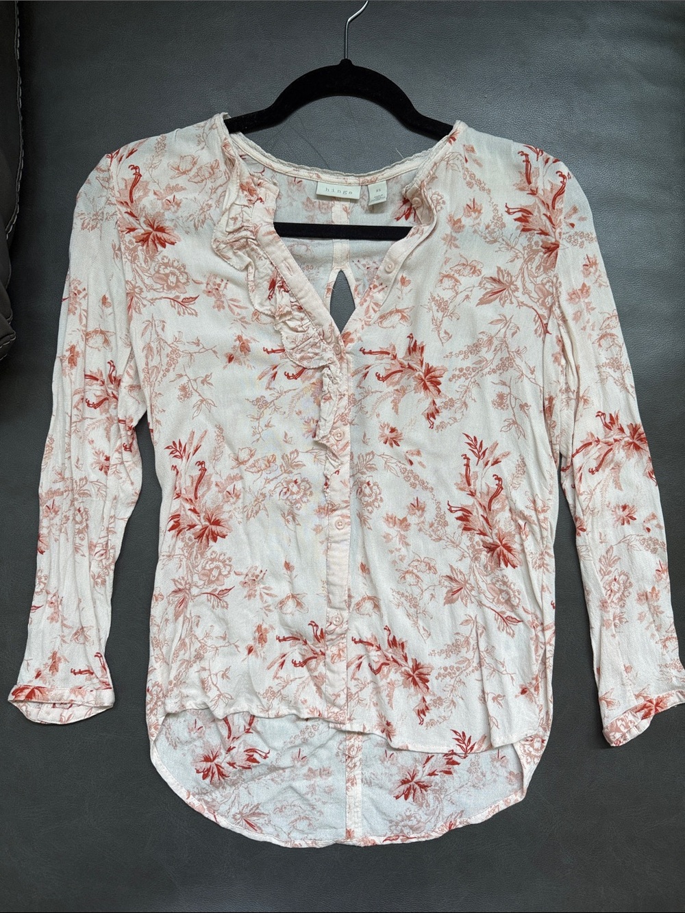 hinge Cream Button-Down Blouse with Rust Floral Print and Ruffle Neck